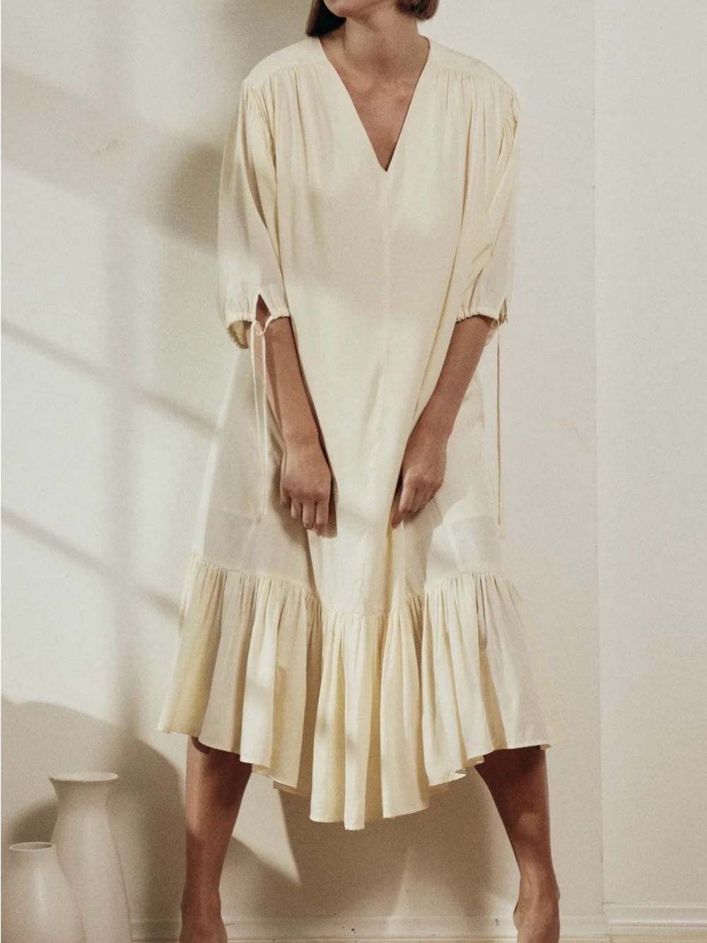 Amente Minimalist Lagenlook Tiered Midi Dress Short Sleeve Modest Small Medium